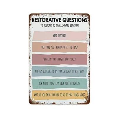 Image of Restorative Justice Questions Growth Mindset Poster Therapy Office Decor 5.5x8inch Wall Retro Art Tin Sign Funny Decorations for Home Bar Pub Cafe Farm Room Metal