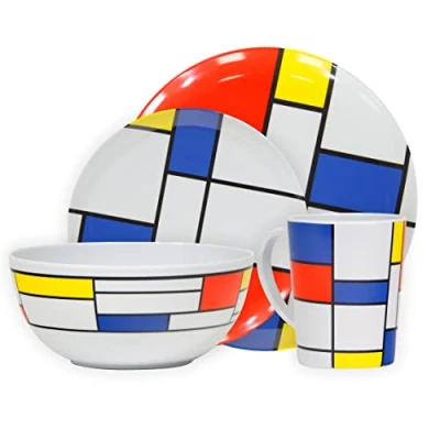 Image of Leisurewize LWACC379 Melamine 16 Pcs Dinner Set Plates, Bowls, Mugs, Side Plates De Stijl, Artist Design, Heat Resistant, Dishwasher Safe