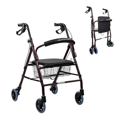 Image of Mobiclinic®, Walker for Elderly, Escorial Model, European Brand, Folding, Manual and Lockable Brakes, Aluminium, Light Resistant, Rollator with 4 Wheels, Seat Backrest, Basket, Burgundy