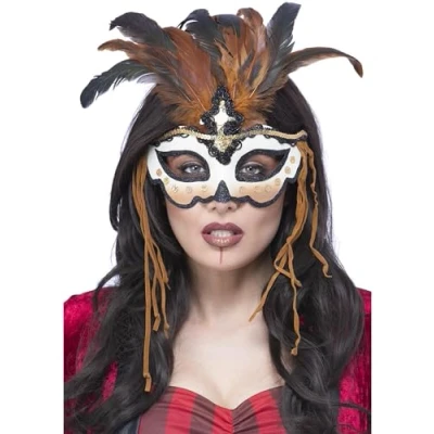 Image of Smiffys Voodoo Priestess Eyemask with Feathers, Halloween Fancy Dress Accessory, Woman Up Masks