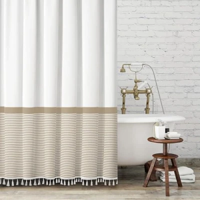 Image of Seasonwood Bohemian Shower Curtain Tassel，96 Inch Extra Long Black White Striped Bathroom Curtain，72 x 96