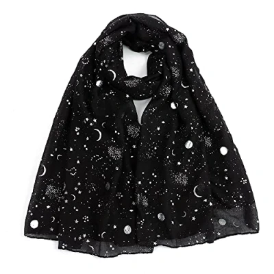 Image of London Scarfs Silver Gold Glitters Shimmer Foil Stars Women Scarf Shawl Wrap (Moon Black)
