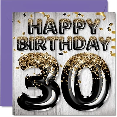 Image of 30th Birthday Card for Men Black &amp; Gold Glitter Balloons Happy Cards 30 Year Old Man Friend Brother Dad Uncle, 145mm x Thirty Thirtieth Bday Greeting Gift