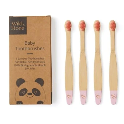Image of Wild &amp; Stone Organic Baby Bamboo Toothbrush 4 Pack Soft Fibre Bristles 100% Biodegradable Handle BPA Free Vegan Eco Friendly Toothbrushes (Baby Pink)