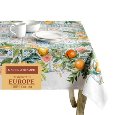 Image of Maison d&#039; Hermine Table Cloth 100% Cotton 140cm x 230cm Decorative Tablecover Washable Square Easter Tablecloths for Dining, Buffet Parties &amp; Wedding Use, Agrume Spring/Summer