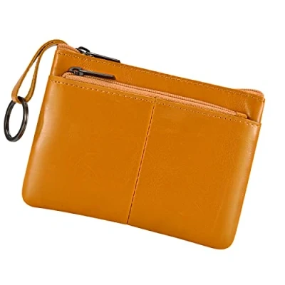 Image of Genuine Leather Coin Purse Pouch Triple Zipper Card Holder Wallet with Key Ring,Light Brown