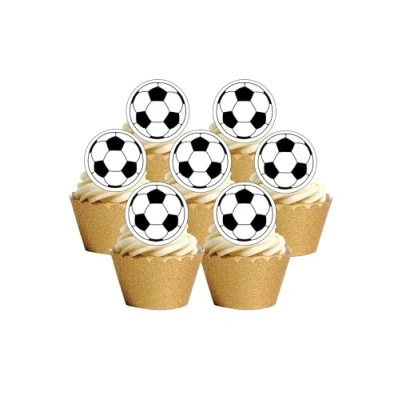 Image of 24 PRE Cut Black &amp; White Football Sport Edible Wafer Paper Round Cake Toppers Decorations
