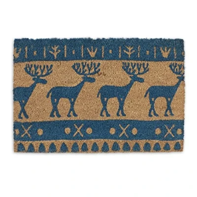 Image of Relaxdays Northern Ancient Pattern Deer Doormat, 40x60 cm, Inside &amp; Outside Use, Non Slip, Natural Coir/Blue, 90% coconut 10% plastic
