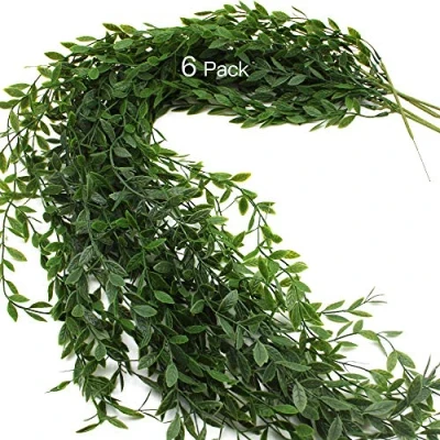 Image of JaneYi 6 Pieces Artificial Ivy Garland Green Leaves Plastic Foliage Plant Fake Weeping Willow Vine Trailing Hanging for Indoor Outside Garden Home Office Cafe Wall Trellis Decor