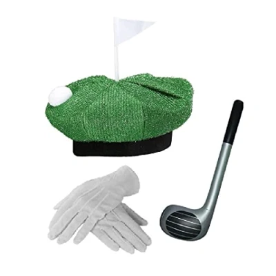 Image of Mega_Jumble® Adult Novelty Poker Set, Pub Golf Golfer Golfing Hat, Inflatable Club &amp; White Gloves Fancy Dress Costume Accessories