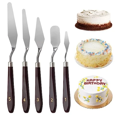 Image of VOSSOT 5 Piece Stainless Steel Spatula Set, Cake, Cheese, Spreading, U Shape, Wood Handle, Dishwasher Safe, Bakers Kit