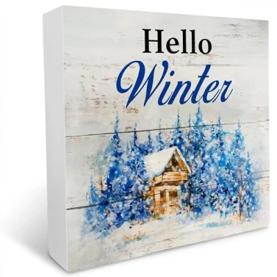 Image of KOPUTE Hello Winter Wood Box Sign Rustic Wooden Country Farmhouse Home Office Desk Shelf Decor 5 x Inches