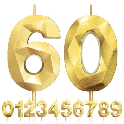 Image of 60th Birthday Candles, Number 60 Candle, Gold Candles for Cake, Diamond 3D Happy Cake Candle Decorations Party Wedding Anniversary Celebration Supplies
