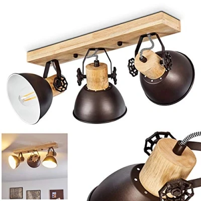 Image of Ceiling lamp Orny, Made of Metal/Wood in Anthracite/White/Brown, 3 Flame, with Adjustable spotlights, x E27 Socket, spot Retro/Vintage Design, Without Bulbs