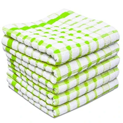 Image of Xelay Pack Of 5 100% Cotton Tea Towels Set Green White Large Super Absorbent Wonderdry Kitchen Terry Dish Cloths Cleaning Drying 60x40cm (Green White)