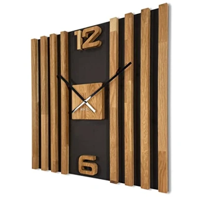 Image of FLEXISTYLE square large wall clock 60cm Lamellas wooden oak silent for living room bedroom black XL