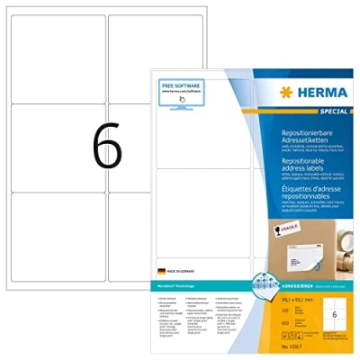 Image of HERMA Self Adhesive Removable Labels, 6 Labels per A4 Sheet, 100 Sheets, 99.1 x 93.1 mm, 600 Blank Multipurpose Stickers, Sticky for Laser &amp; Inkjet Printer, White