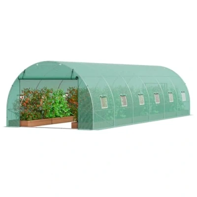 Image of VEVOR Walk in Tunnel Greenhouse, Green PE Cover, Roll up Zipper Door and 12 Windows for Outdoor, 29.2x9.7x6.5 ft Hoop House Greenhouse Tunnel, Plant Hot with Galvanized Steel Frame