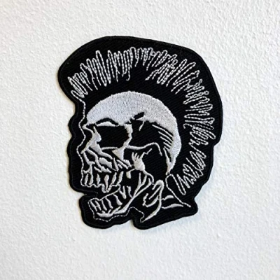 Image of Punk Head Skull with Spike Hair Iron Sew on Embroidered Patch