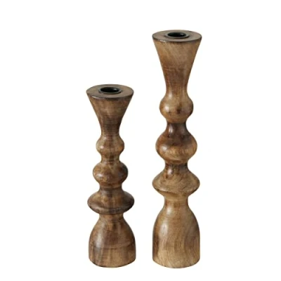 Image of Boltze Casconda 2008576 Set of 2 Wooden Candle Holders Stylish Design Dining Table Dresser Decoration Boho Style