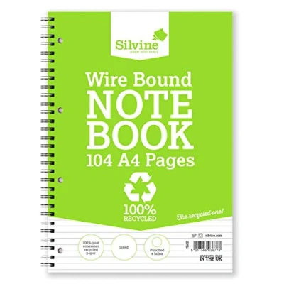 Image of Silvine 104 Page A4 Everyday Recycled Wirebound Notebook, White, Ruled 8mm Feint