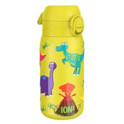 Image of Ion8 Kids Water Bottle, Steel 400 ml/13 oz, Leak Proof, Easy to Open, Secure Lock, Dishwasher Safe, Flip Cover, Carry Handle, Clean, Durable, Metal Raised Print,Dinosaurs Design