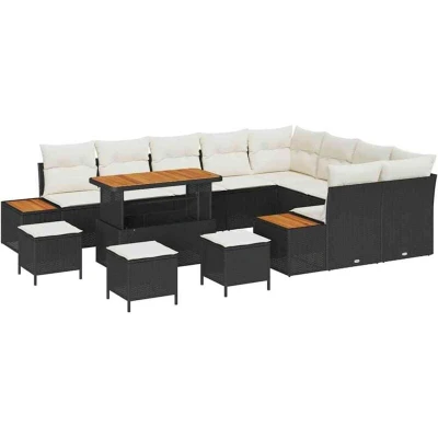Image of vidaXL 13 Piece Garden Sofa Set with Cushions Black Poly Rattan Acacia