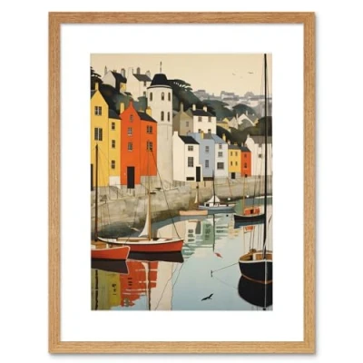 Image of Artery8 Dartmouth Harbour Boats Watercolour Painting Devon Scenic River Dart Townscape Artwork Framed Wall Art Print 12X16 Inch