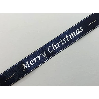 Image of Merry Christmas Navy Satin Ribbon with Silver Edge 15mm x 1 Metre Cut from roll
