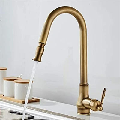 Image of Antique Brass Kitchen Faucets Pull Out Spray Head Hot Cold 360 Degree Swivel Sink Faucet Water Mixer Down Taps Single Handle Retro Style,Black (Color : Brass)