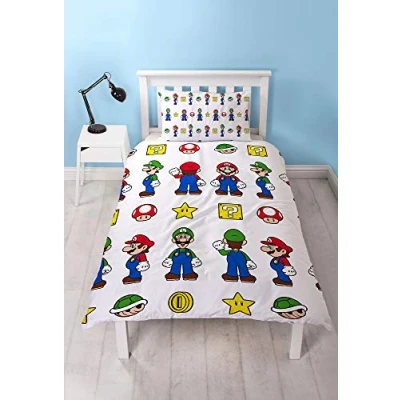 Image of Super Mario Official Single Duvet Cover Design Reversible Two Sided &amp; Luigi White Bedding With Matching Pillow Case