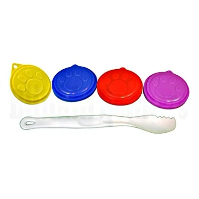 Image of SET OF 4 PET DOG CAT FOOD CAN COVERS WITH SPOON FORK