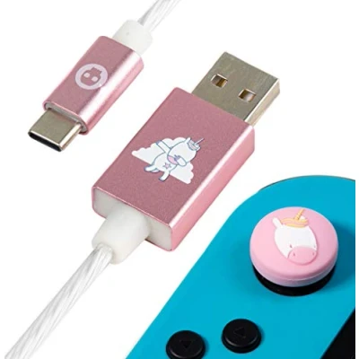 Image of Numskull Unicorn LED USB Type C Cable and Thumb Stick Grips 1.5m Fast Charging Lead Compatible with Xbox Series XS, PlayStation 5, Nintendo Switch