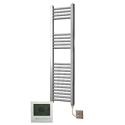 Image of Greened House Chrome Straight Electric Heated Towel Rail 300mm high x 1200mm + Timer and Thermostat