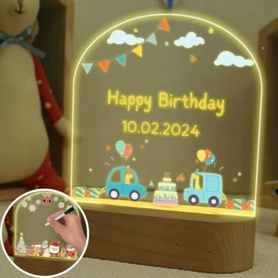 Image of uniqicon Nightlights for Children, Birthday Gifts Kids, USB Baby Night Lamp with Wooden Base, Kids Drawing Board 8 Color Erasable Pens, Cute Warm Light Gift
