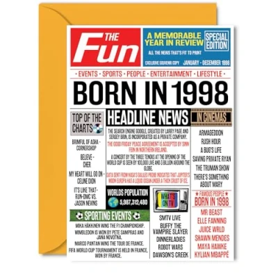 Image of 26th Birthday Cards for Women Men Born In 1998 Newspaper Happy 26 Card Sister Brother Friend Vintage Retro Back 1998, 5x7 Inch Twenty Six Sixth Bday Greeting