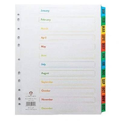Image of Concord Punched Pocket Index Multicolour tabbed Europunched Jan Dec Extra Wide A4 White Ref CS79