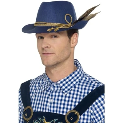 Image of Smiffys Authentic Bavarian Festival Hat, Blue with Feather, Oktoberfest Fancy Dress, Adult Dress Up Hats