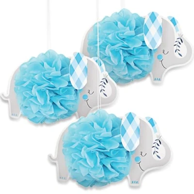 Image of Charming Blue Floral Elephant Tissue Pom Decorations (22cm) Adorable &amp; Unique Design Perfect for Themed Parties, Showers Celebrations 3ct