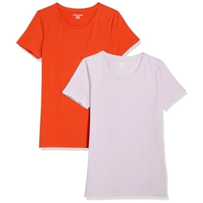 Image of Amazon Essentials Women&#039;s Classic Fit Short Sleeve Crewneck T Shirt, Pack of 2, Lavender/Tomato Red, XL