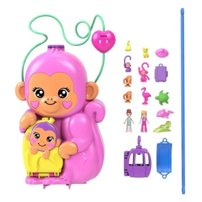 Image of Polly Pocket Dolls &amp; Playset with Pets 13 Accessories, 2 in 1 Momma Monkey Baby Wearable Purse Animal Toy