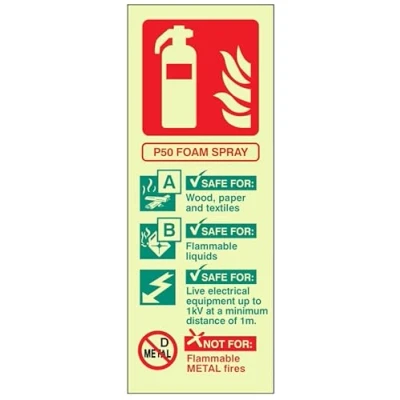 Image of P50 Foam spray extinguisher identification (rigid glow in the dark safety sign)