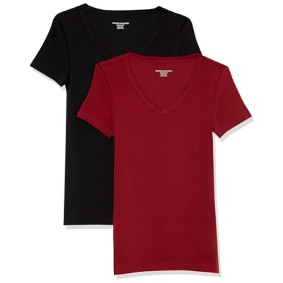 Image of Amazon Essentials Women&#039;s Slim Fit Short Sleeve V Neck T Shirt, Pack of 2, Black/Burgundy, L