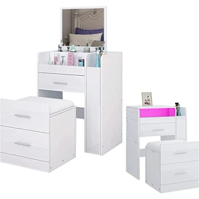 Image of Chebinsiti Dressing Table with LED Lights White Vanity Makeup Storage Cushioned Stool and Flip Up Mirror Desk 4 Drawers for Bedroom Living Room Dresser Furniture