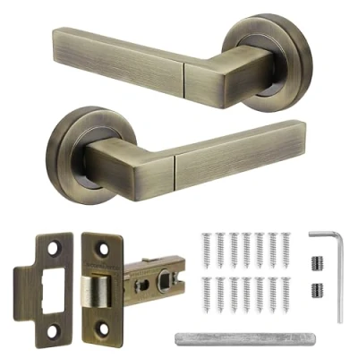 Image of Decoranddecor Lumina Internal Square Door Handles Lever On 54mm Rose Aluminium Antique Brass Latch Kit