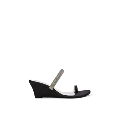 Image of Womens Low Wedge Heel Sandals Ladies Sparkly Diamante Slip On Toe Post Black Mule Shoes Size 5