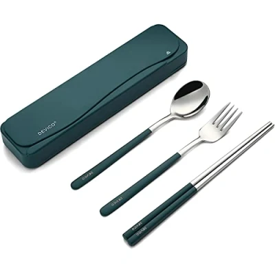 Image of DEVICO Travel Cutlery Set, Camping Set for 1, Portable 18/8 Stainless Steel Utensils Include Fork Spoon Chopsticks (Dark Green)