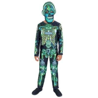 Image of Smiffys Glow In the Dark Tech Skeleton Costume All One &amp; Mask, Halloween Child Fancy Dress, Dress Up Costumes