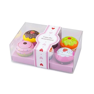 Image of New Classic Toys 10627 Wooden Cupcake Assortment in Giftbox 6 Pieces Pretend Play Kids Cooking Simulation Educational Perception Toy for Preschool Age Toddlers Boys Girls, Multi Color, Sweet Treats