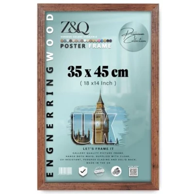 Image of Z&amp;Q Wall Mounted Poster Picture Frame Rustic 45 x 35 cm Display Painting Photo Print With HD Clear Perspex Both Ways Hanging Hooks MDF Wood 30x15mm Moulding